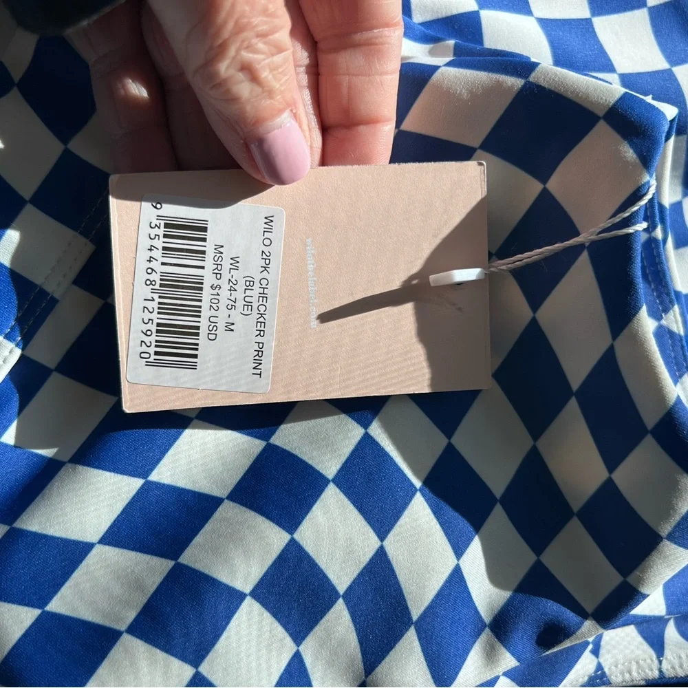 NWT Wilo The Label Blue and White Check The Wave Bike shorts and Bra set. Medium - Picture 6 of 11